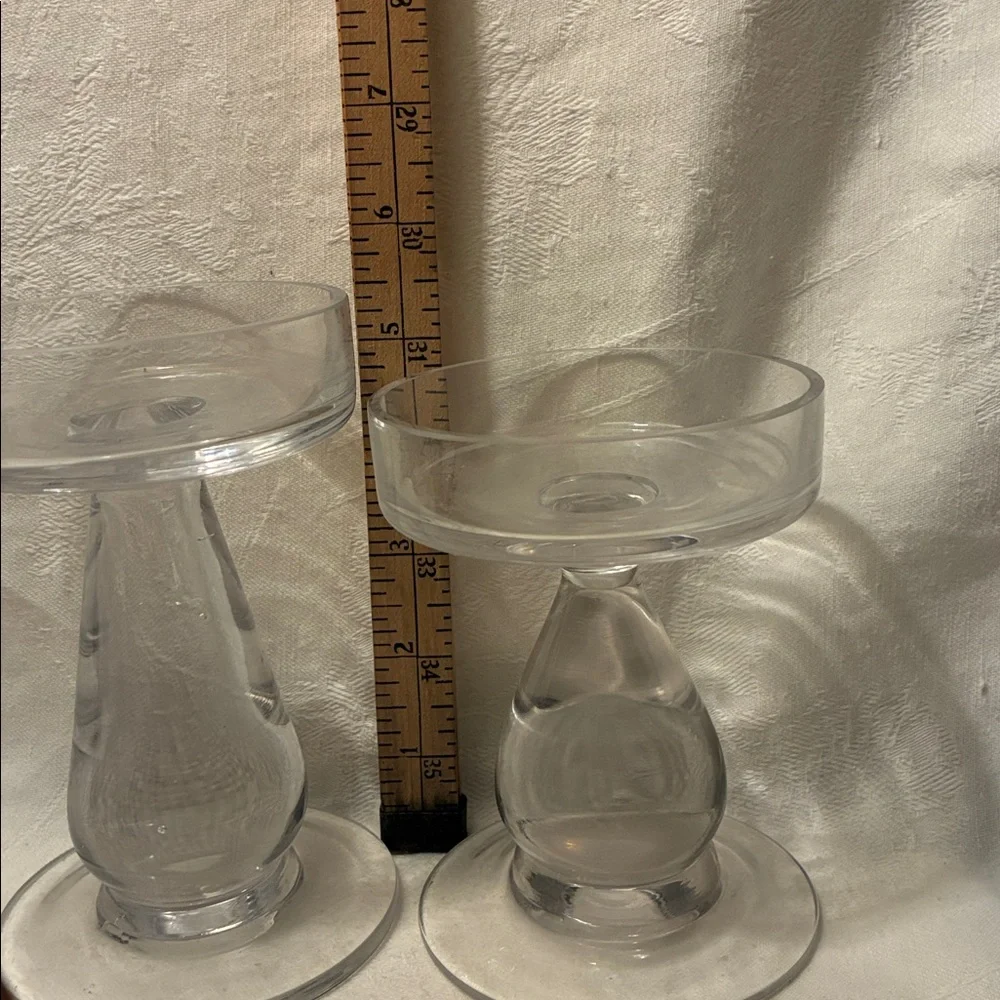 Elegant HEAVY Pillar Candle Holders W/Bulbous Clear Center Stem FAT Stable Base